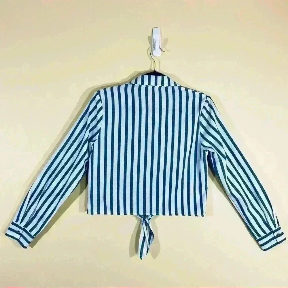 Miss Love Blue/White Stripe Collared Long Sleeve Button Down Tie Crop Top (S) - Picture 8 of 12